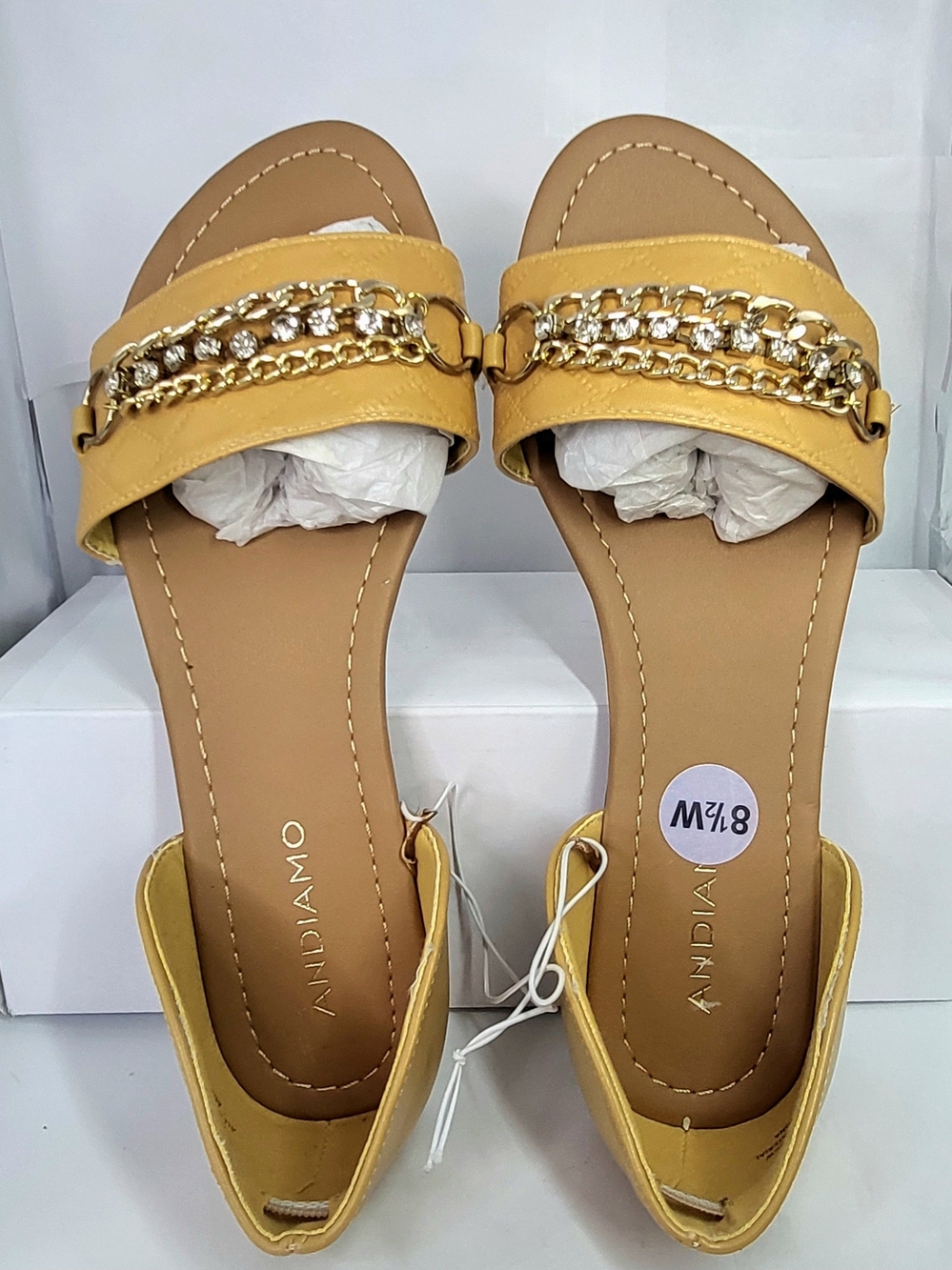 NWT Andiamo Rhinestone Chain D'Orsay Mustard/Tan Vegan Leather Flat Sandals 8.5W